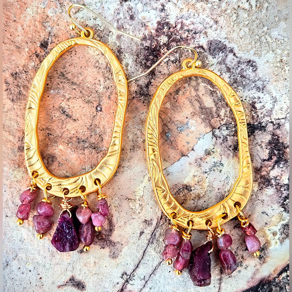 Etruscan-inspired Natural Raw Tourmaline In Hammered Gold Plated Large Earrings